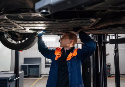 young-mechanic-inspecting-car-chassis-using-flashlight-holding-tablet-modern-workshop
